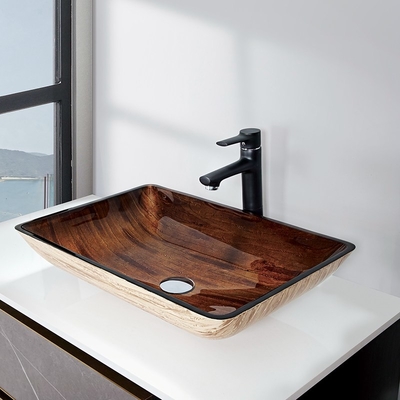 22 Inch Dark Brown Wastafel Kamar Mandi 12mm Kaca Tempered Persegi Panjang Dengan Faucet Kapal Ramping