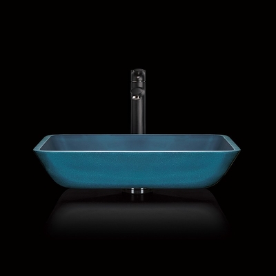 Mangkuk Kaca Biru yang Diperkuat Wastafel Persegi Panjang Biru Di Atas Konter Panjang 460mm