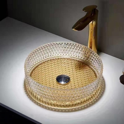 360mm Glass Vessel Basins Brush Gold Bottom Hotel Mangkuk Wastafel Kaca Bening