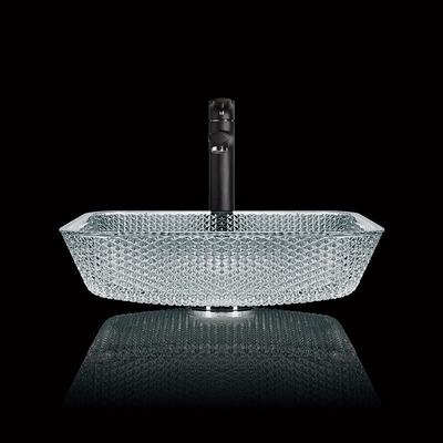 400mm Panjang Meja Vanity Sinks Crystal Clear Glass Vessel Diamond Square