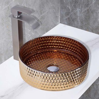 Kitchen Countertop Mounted Glass Wash Basin In Electroplated Coating Warna Emas Inggris