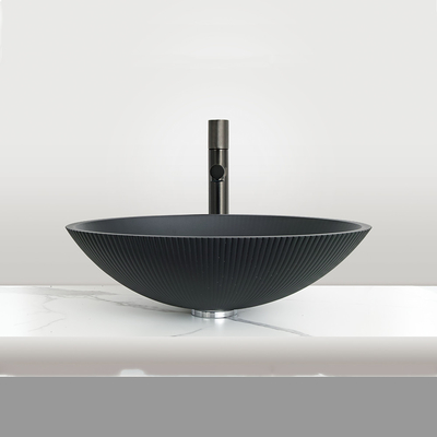 Ketahanan tinggi Tempered Glass Sink Countertop dipasang Tidak Overflow Matt Hitam Basin Kaca