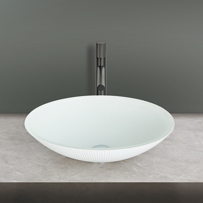 45mm lubang pembuangan tempered kaca wastafel bentuk oval untuk kamar mandi canggih