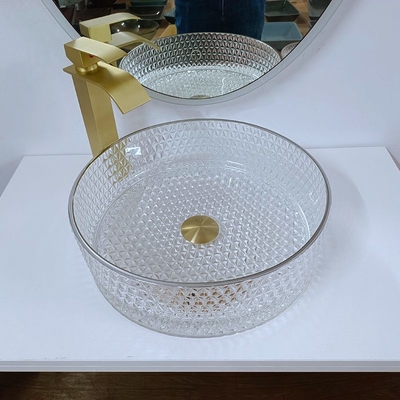 10 Inch Kaca Wastafel Berdiri Bebas Mangkuk Kapal Kaca Artistik Dengan Tepi Perak