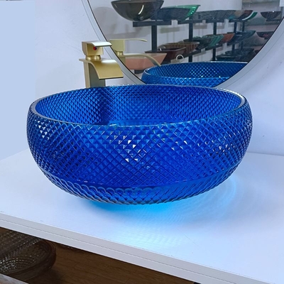 Desain Italia Mangkuk Wastafel Kaca Biru 16,5 Inci Bulat Kaca Di Atas Counter Basin