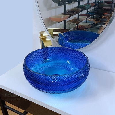 Desain Italia Mangkuk Wastafel Kaca Biru 16,5 Inci Bulat Kaca Di Atas Counter Basin