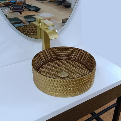 Round Gold Glass Vessel Sink Diamond Table Top Bowl Wastafel Kristal Kamar Mandi