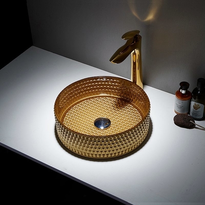 Round Gold Glass Vessel Sink Diamond Table Top Bowl Wastafel Kristal Kamar Mandi
