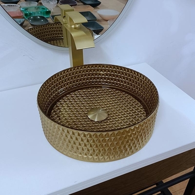 Round Gold Glass Vessel Sink Diamond Table Top Bowl Wastafel Kristal Kamar Mandi