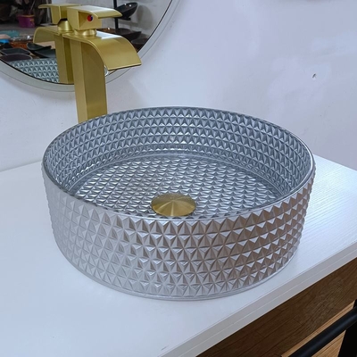 Gaya Terbaru Meja Wastafel Atas Warna Perak, Wastafel Bulat Mangkuk Kamar Mandi 360*360*112mm