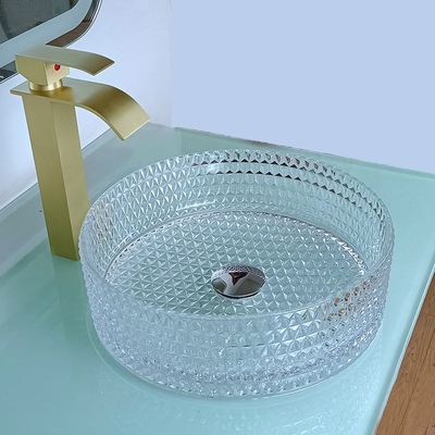 12mm Meja Wastafel Tangan Atas 15.5 Inch Kristal Transparan Putaran Kamar Mandi Wastafel Baskom Mangkuk