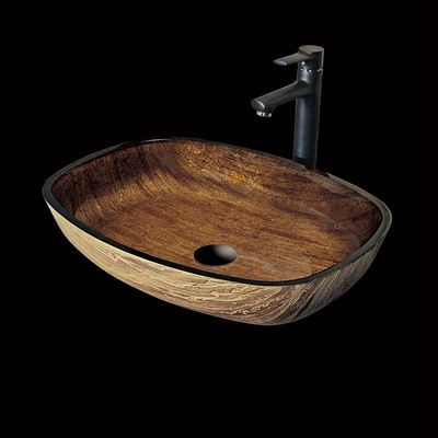 Wastafel Kaca Kamar Mandi Persegi Panjang Dan Gambar Tangan Warna Kayu