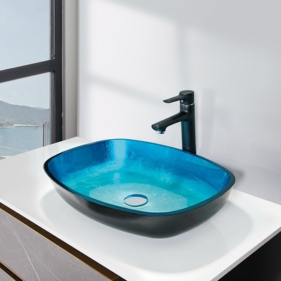 Sky Blue Handmade Rectangular Vessel Sinks Kaca Tempered 12mm