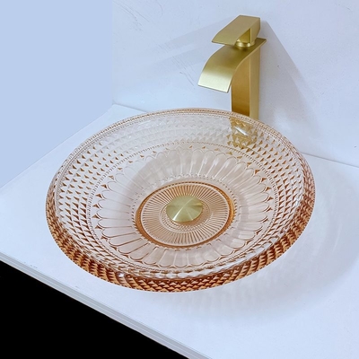 Bulat Wastafel Mangkuk Kaca Kristal Warna Amber Kamar Mandi L450 * W450 * H120mm