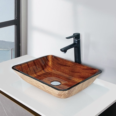 Wastafel Kamar Mandi OEM Persegi Panjang Kulit Coklat Buatan Tangan Kaca Tempered Wastafel Kapal