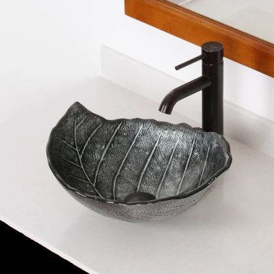 Daun Berbentuk Besar Oval Vessel Sink Kaca Tempered Meja Abu-abu