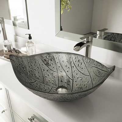 Daun Berbentuk Besar Oval Vessel Sink Kaca Tempered Meja Abu-abu