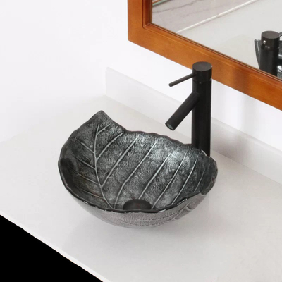 Daun Berbentuk Besar Oval Vessel Sink Kaca Tempered Meja Abu-abu
