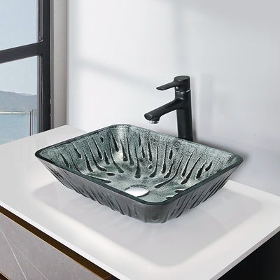 Wastafel Kapal Persegi Panjang Abu-abu Panas Meleleh Gambar Tangan Kaca Tempered Vanity Sink