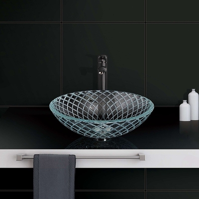 145mm Kaca Kamar Mandi Vanity Sink Kapal Dangkal Kecil Ukiran CNC Transparan