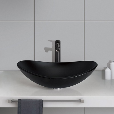 Ingot Shape Acid Matt Black Vanity Basin Kamar Mandi 540mm Panjang Kaca Tempered Mudah Dibersihkan