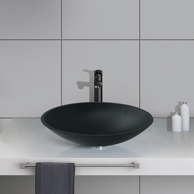 Wastafel Kapal Bulat Hitam Berbentuk Oval Berwarna Tempered Glass Acid Matt Countertop