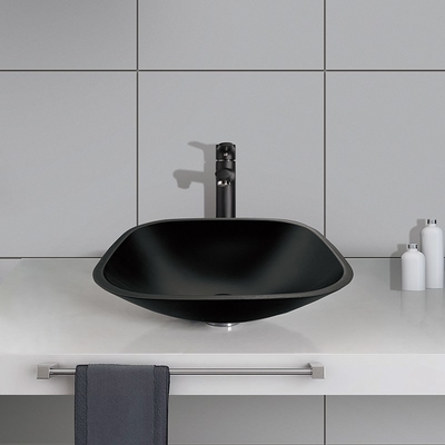 Acid Matt Square Bowl Wastafel Kamar Mandi Atas Meja Kaca Tempered Hitam Anti Karat