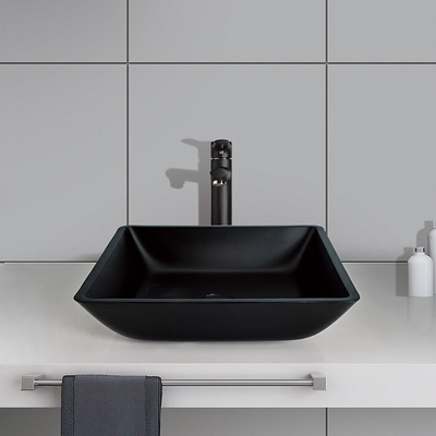 Wastafel Kamar Mandi Matt Black Basin Persegi Kaca Tempered 400mm
