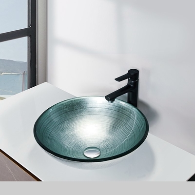Silver Tempered Glass Sink Vessel Brushed Line Dengan Foil 420 * 420 * 145mm