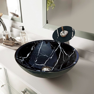 145mm Black Glass Basin Bowl Countertop Bertekstur Halus Dengan Garis Putih