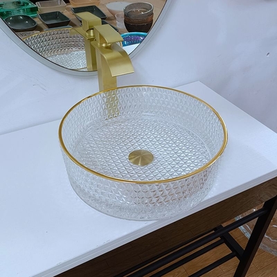 Wastafel Kaca Bulat Tepi Emas 45mm Wastafel Kamar Mandi