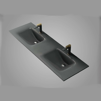 Kabinet Kaca Tempered Sink Corong Bentuk Kuningan Tiriskan Meja Kesombongan Kamar Mandi Dengan Wastafel