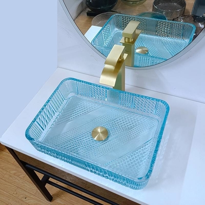 460mm Panjang Selang persegi panjang wastafel Kamar mandi kaca 330mm lebar Air Biru Warna
