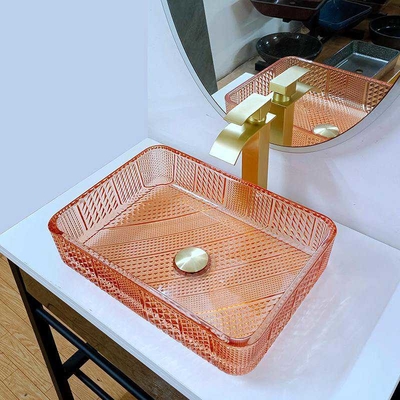 Crystal Vanity Top Glass Wash Basin Rectangular Orange L445 * W330 * H105mm Tebal 12mm