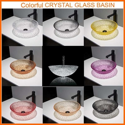 Wastafel Kristal Hotel Bulat 130mm Mangkuk Wastafel Kapal Kaca Artistik Untuk Kamar Mandi Rumah