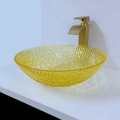 Wastafel Kristal Berpernis Bulat Kaca Profil Rendah 12mm Modern Emas Kuning