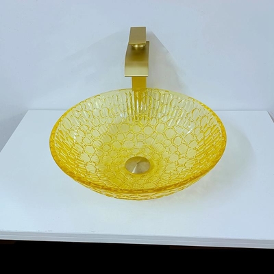 Wastafel Kristal Berpernis Bulat Kaca Profil Rendah 12mm Modern Emas Kuning