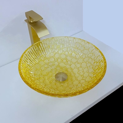 Wastafel Kristal Berpernis Bulat Kaca Profil Rendah 12mm Modern Emas Kuning