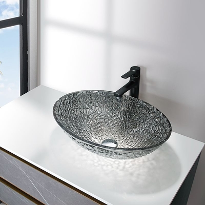 Mangkuk Wastafel Kamar Mandi Chrome Di Atas Counter Oval Silver Modern Crystal