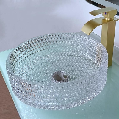 395mm Round Glass Wash Basin Cuci Tangan 45mm Dia Tidak Ada Lubang Untuk Kamar Mandi Hotel