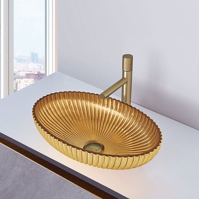 OEM Kokoh Kaca Vessel Basin 18k Warna Emas Interior 135mm Tinggi