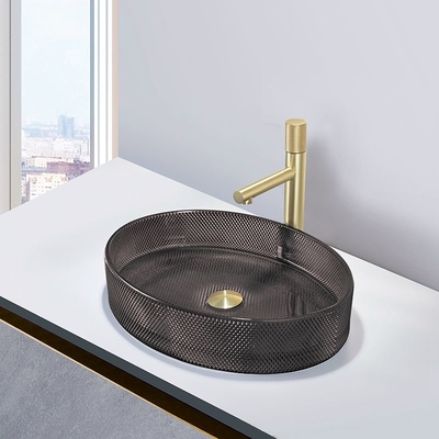 Wastafel Kaca Berbentuk Oval, Wastafel Kamar Mandi Bawah Datar Hitam Transparan