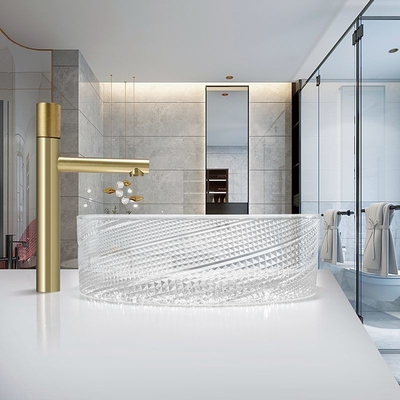 Twill Surface Clear Glass Vessel Basins Untuk Kamar Mandi Hotel