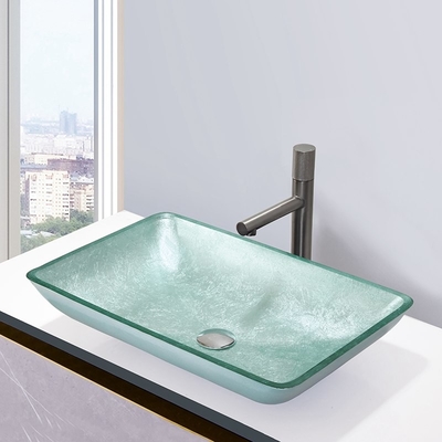 Silver Tempered Bath Wastafel Kaca Mangkuk Persegi Panjang Atas Meja Solid