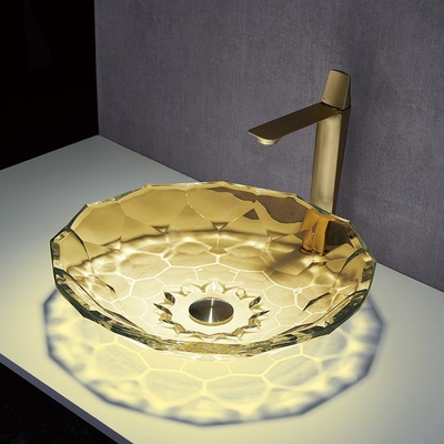 OEM Ball Shape Glass Wash Basin Crystal Vessel Sinks Countertop Warna Kuning