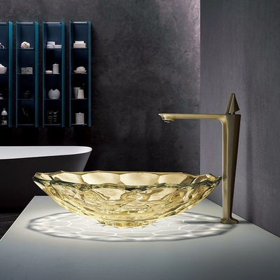 OEM Ball Shape Glass Wash Basin Crystal Vessel Sinks Countertop Warna Kuning