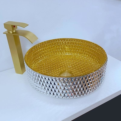Shinning Gold Crystal Glass Wastafel Bentuk Silinder Wastafel Kamar Mandi