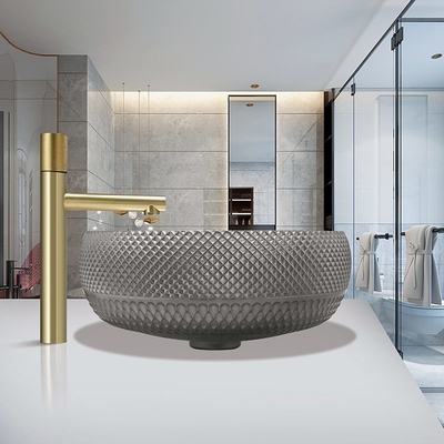 Wastafel Kaca Kristal Abu-abu Gelap Wastafel Cuci Kamar Mandi Kesombongan Di Atas Meja