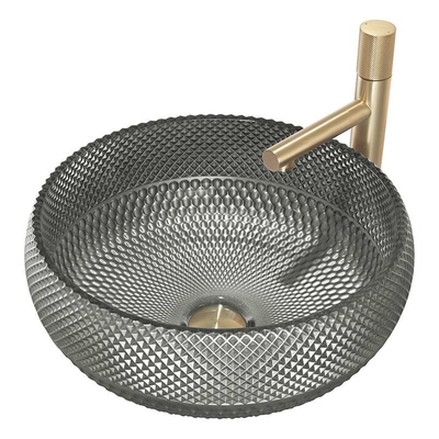 Wastafel Kaca Kristal Abu-abu Gelap Wastafel Cuci Kamar Mandi Kesombongan Di Atas Meja