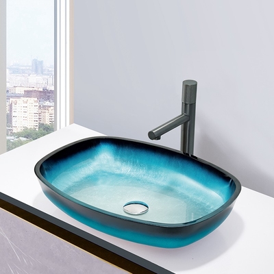 Glass Gradient Blue Tempered Bath Wash Basins Melon Shape Table Top Countertop Mounted